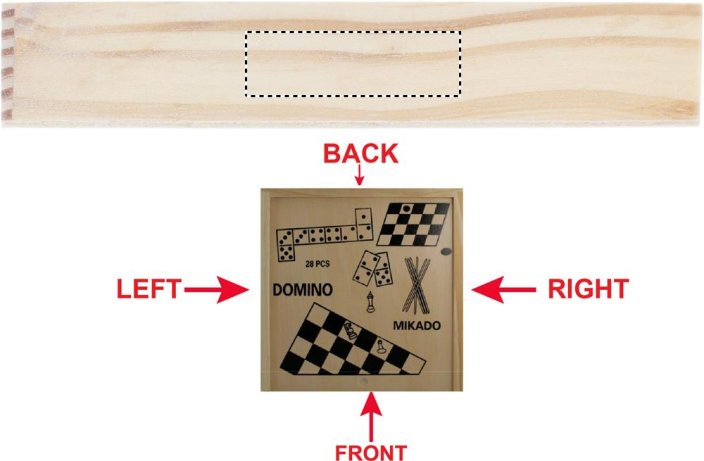 4 hry v krabici - Umístění potisku: BACK, Typ potisku: Tamponový tisk (max. 4 barvy, 15x50mm), Počet barev potisku: 3 barvy, Počet kusů: 150