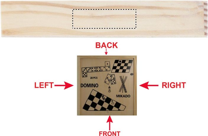 4 hry v krabici - Umístění potisku: BACK, Typ potisku: Tamponový tisk (max. 4 barvy, 15x50mm), Počet barev potisku: 3 barvy, Počet kusů: 150