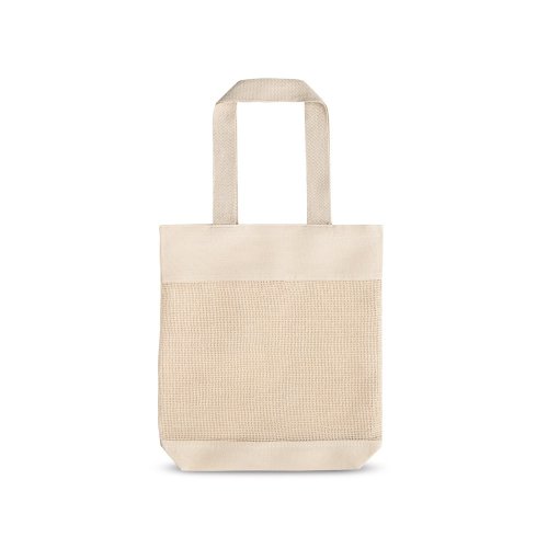 MUMBAI. Síťovaná taška ze 100% bavlny (180 g/m²) - Typ potisku a počet barev: Transfer, 1 barva, Umístění a max. velikost potisku: Zadní část, 200 x 280, Počet kusů: 1000