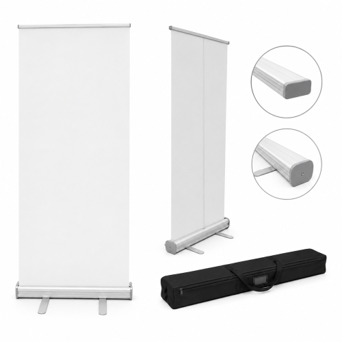 Roll Up - Provedení: Celý systém s barevným tiskem na Roll Up PP blockout fólii 195 g/m², Varianta konstrukce: Roll Up standard, Velikost: 85 x 200 cm